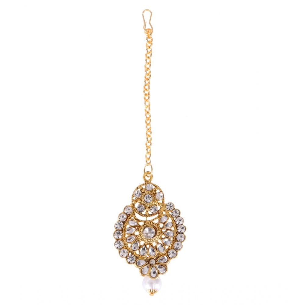Women's Rose Gold Plated Alloy Kundan Earrings &amp; Mangtikka (White)