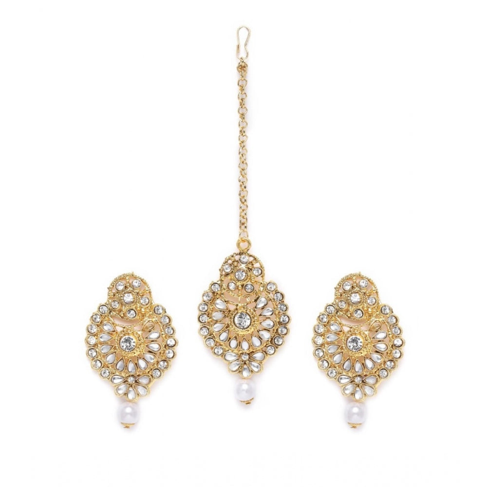 Generic Women's Rose Gold Plated Alloy Kundan Earrings &amp; Mangtikka (White)