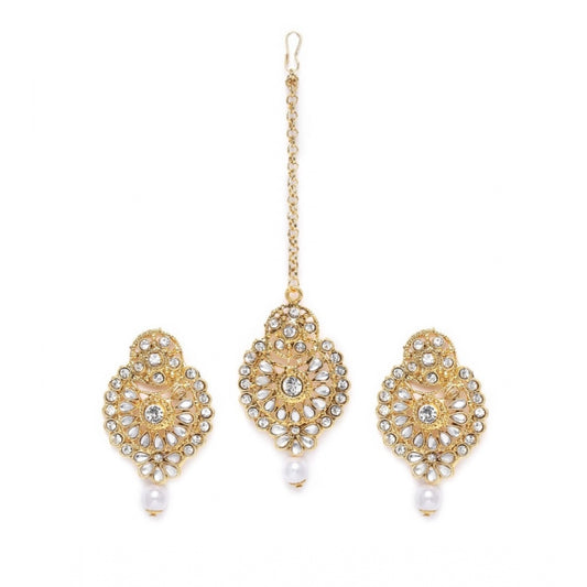 Women's Rose Gold Plated Alloy Kundan Earrings &amp; Mangtikka (White)