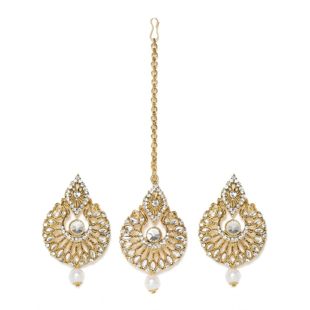 Generic Women's Rose Gold Plated Alloy Kundan Earrings &amp; Mangtikka (White)