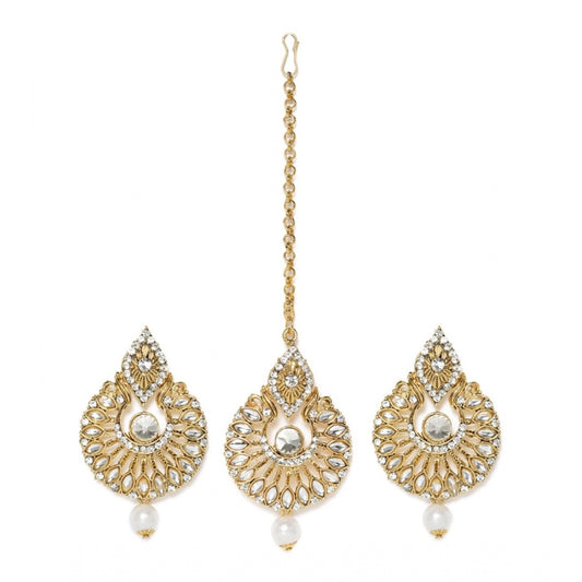Women's Rose Gold Plated Alloy Kundan Earrings &amp; Mangtikka (White)