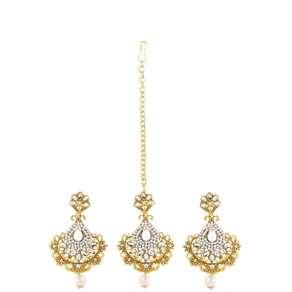 Generic Women's Rose Gold Plated Alloy Kundan Earrings &amp; Mangtikka (White)