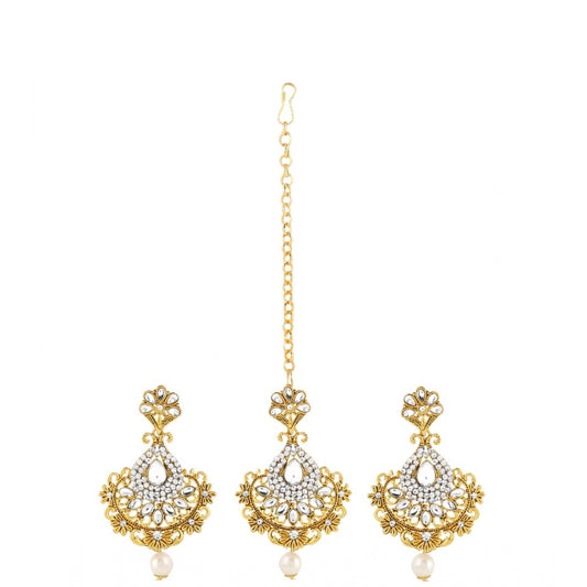 Women's Rose Gold Plated Alloy Kundan Earrings &amp; Mangtikka (White)