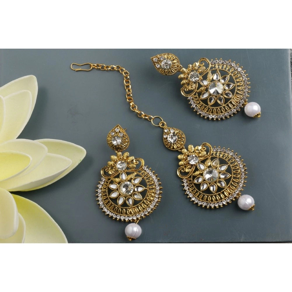 Women's Rose Gold Plated Alloy Kundan Earrings &amp; Mangtikka (White)