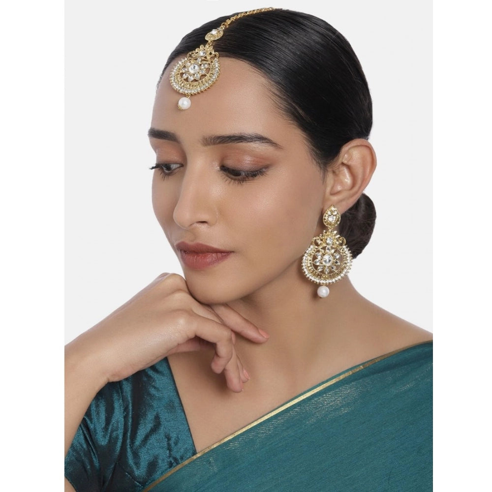 Generic Women's Rose Gold Plated Alloy Kundan Earrings &amp; Mangtikka (White)