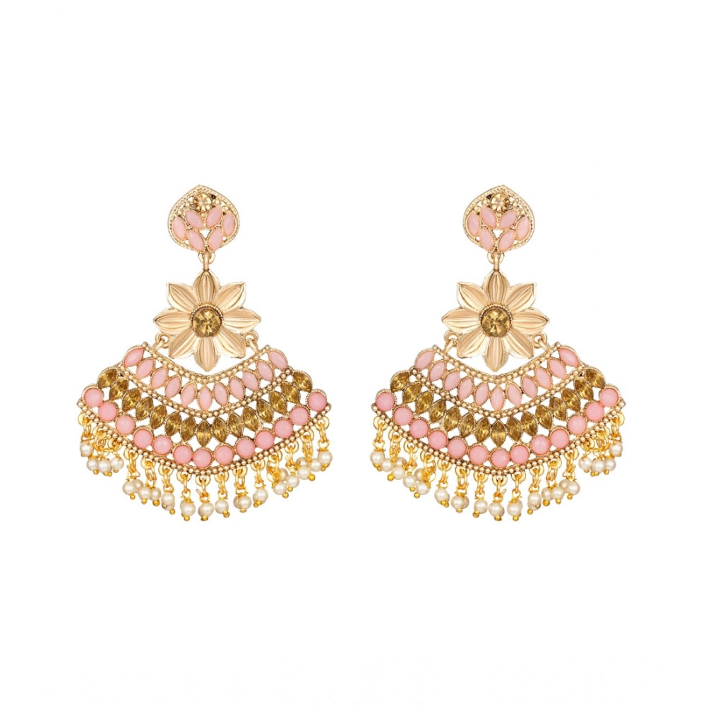 Women's Rose Gold Plated Alloy Kundan Earrings &amp; Mangtikka (Pink)