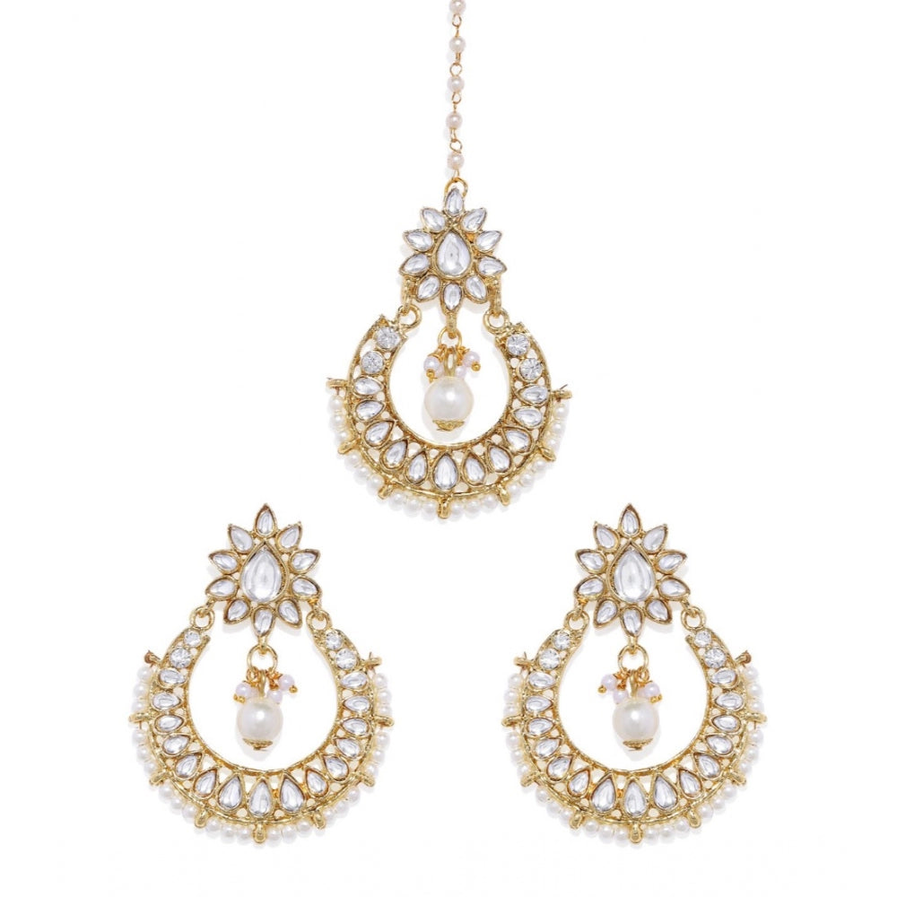 Women's Rose Gold Plated Alloy Kundan Earrings &amp; Mangtikka (White)