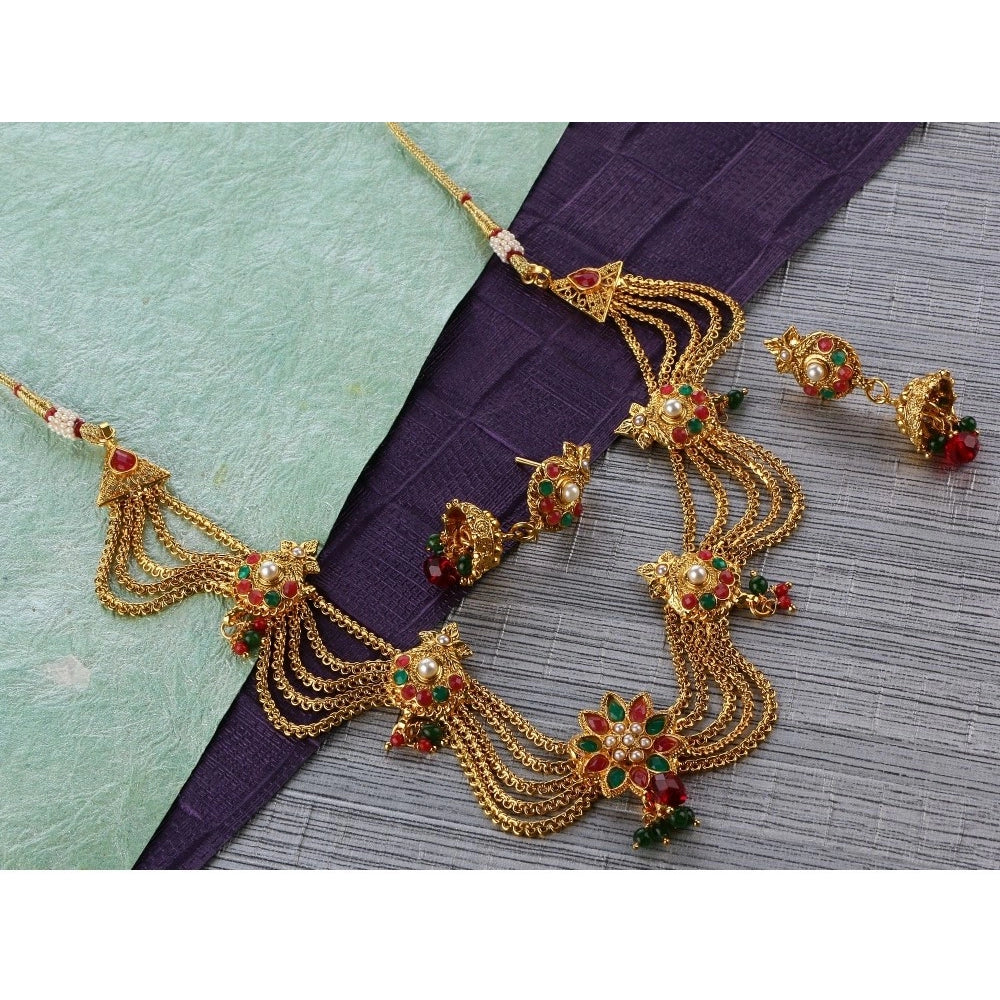 Women's Rose Gold Plated Alloy Necklace Set (Green &amp; Red)