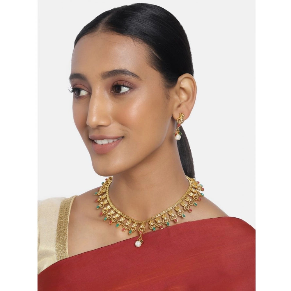 Generic Women's Rose Gold Plated Alloy Necklace &amp; Earings Set (Green &amp; Red)