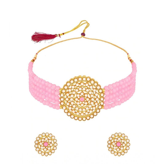 Women's Rose Gold Plated Alloy Necklace &amp; Earings Set (Pink)