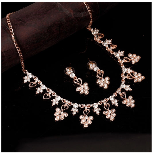 Women's Rose Gold Plated Brass Necklace &amp; Earings Set (Gold)