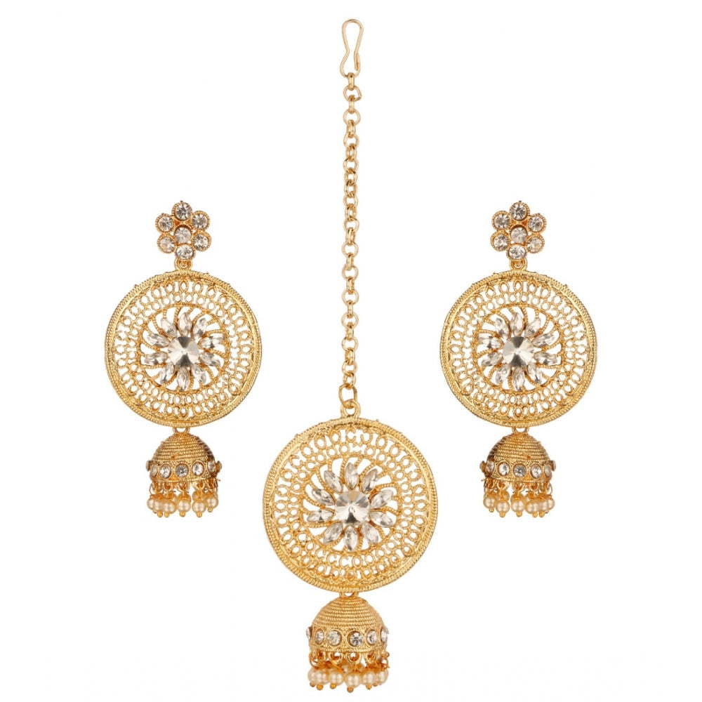 Generic Women's Rose Gold Plated Alloy Kundan Earrings &amp; Mangtikka (White)