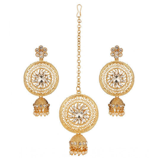 Women's Rose Gold Plated Alloy Kundan Earrings &amp; Mangtikka (White)