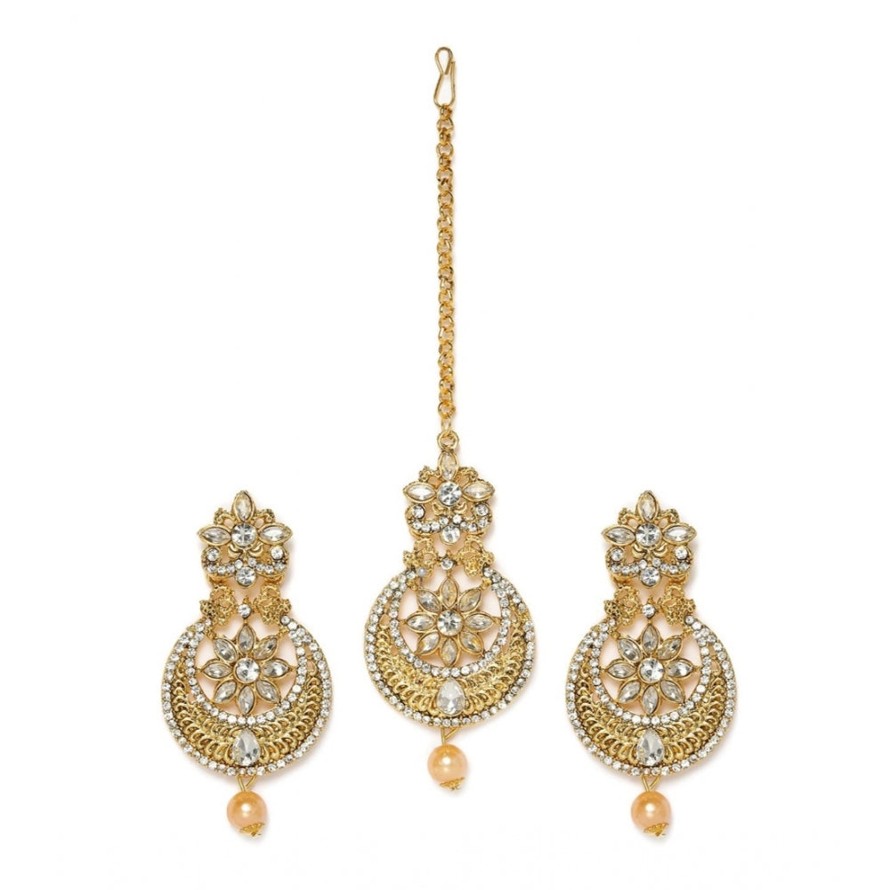 Women's Rose Gold Plated Alloy Kundan Earrings &amp; Mangtikka (White)
