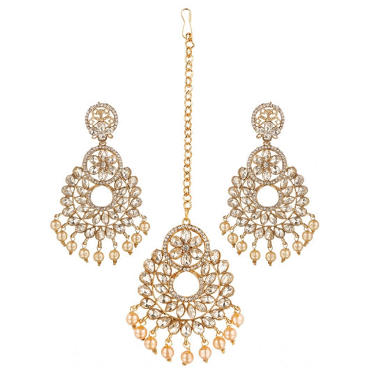 Women's Rose Gold Plated Alloy Kundan Earrings &amp; Mangtikka (White)