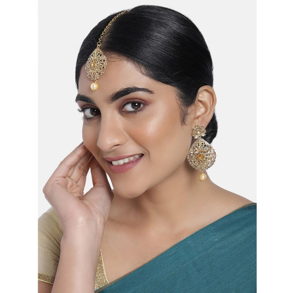 Generic Women's Rose Gold Plated Alloy Kundan Earrings &amp; Mangtikka (Gold)