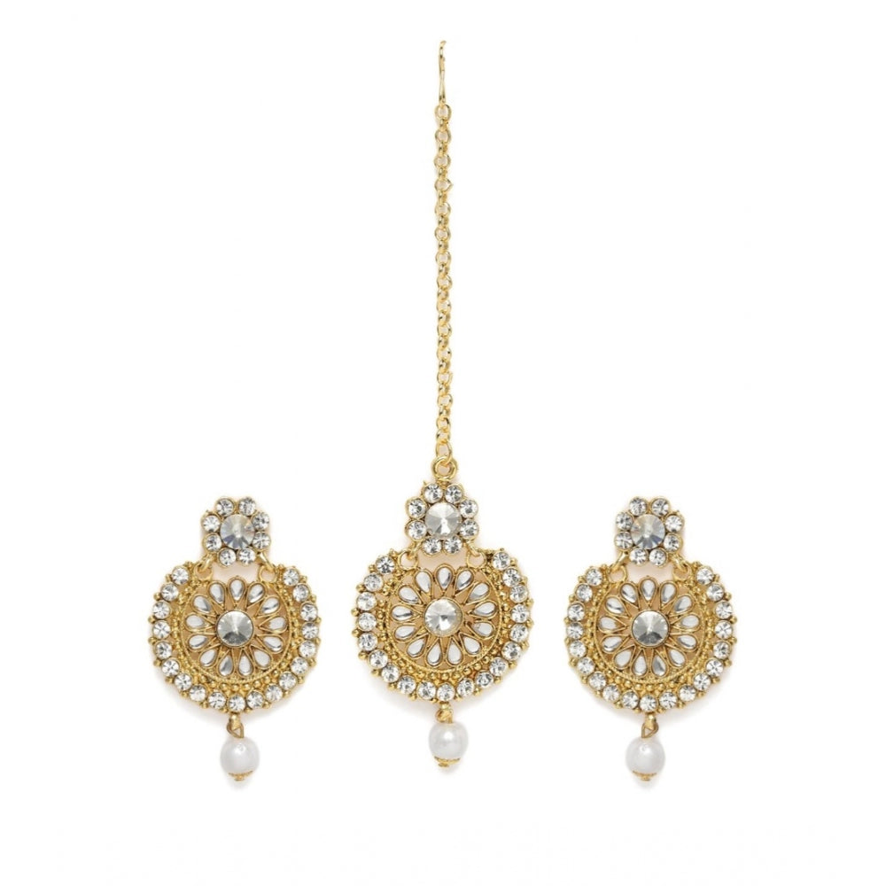 Women's Rose Gold Plated Alloy Kundan Earrings &amp; Mangtikka (White)