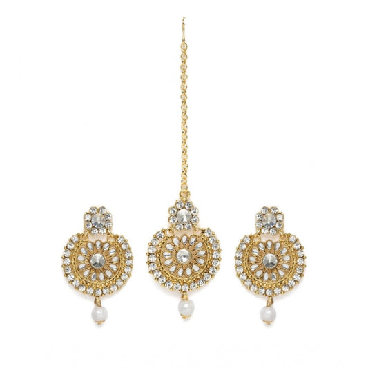 Women's Rose Gold Plated Alloy Kundan Earrings &amp; Mangtikka (White)