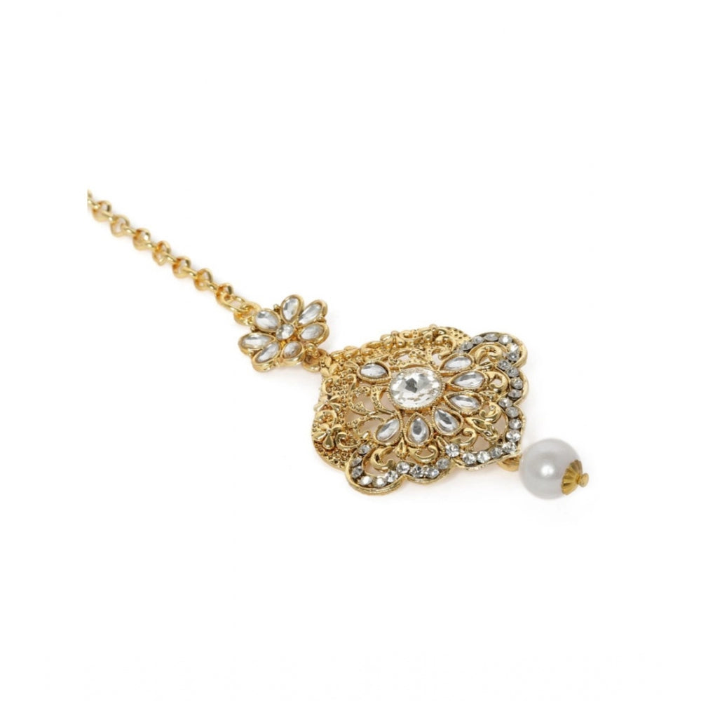 Generic Women's Rose Gold Plated Alloy Kundan Earrings &amp; Mangtikka (White)