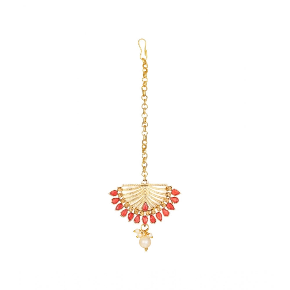 Generic Women's Rose Gold Plated Alloy Kundan Earrings &amp; Mangtikka (Gold &amp; Red)