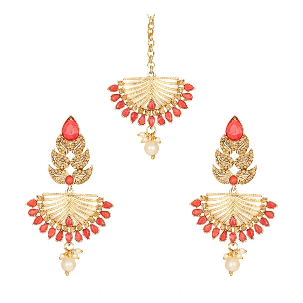 Generic Women's Rose Gold Plated Alloy Kundan Earrings &amp; Mangtikka (Gold &amp; Red)