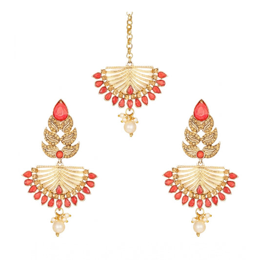 Women's Rose Gold Plated Alloy Kundan Earrings &amp; Mangtikka (Gold &amp; Red)