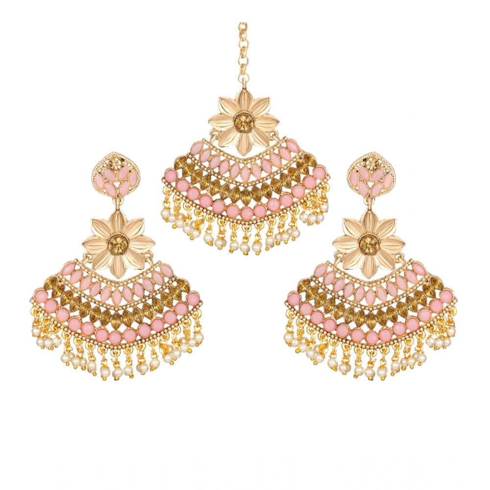 Women's Rose Gold Plated Alloy Kundan Earrings &amp; Mangtikka (Pink)