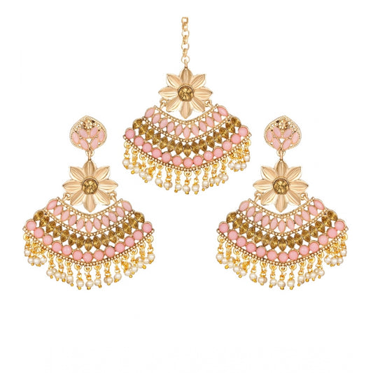 Women's Rose Gold Plated Alloy Kundan Earrings &amp; Mangtikka (Pink)
