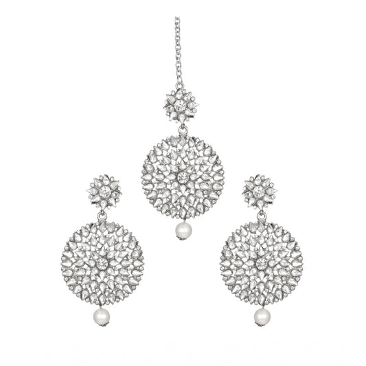Women's Rose Gold Plated Alloy Kundan Earrings &amp; Mangtikka (White)