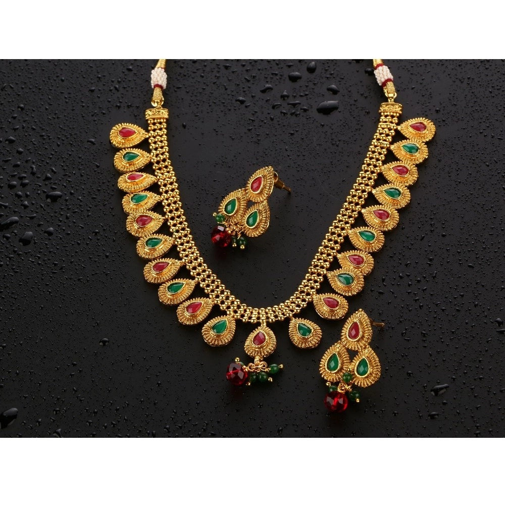Women's Rose Gold Plated Alloy Choker Necklace Set (Green &amp; Red)