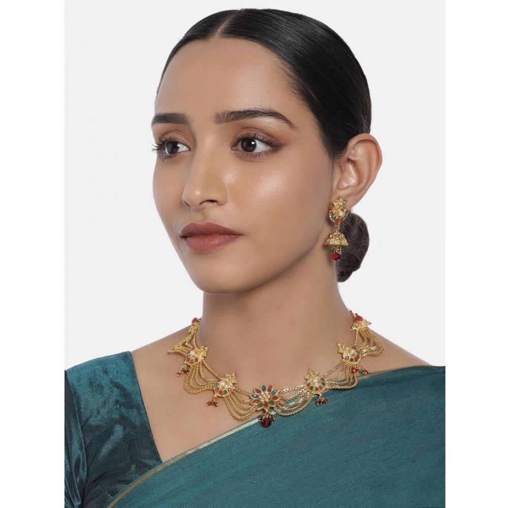 Women's Rose Gold Plated Alloy Necklace Set (Green &amp; Red)