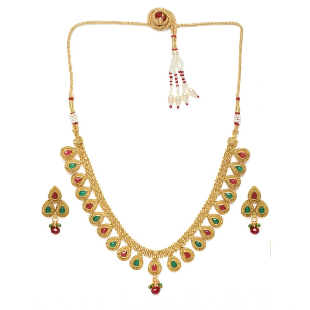 Generic Women's Rose Gold Plated Alloy Choker Necklace Set (Green &amp; Red)