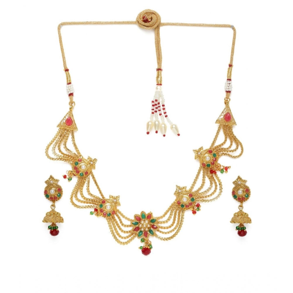 Women's Rose Gold Plated Alloy Necklace Set (Green &amp; Red)