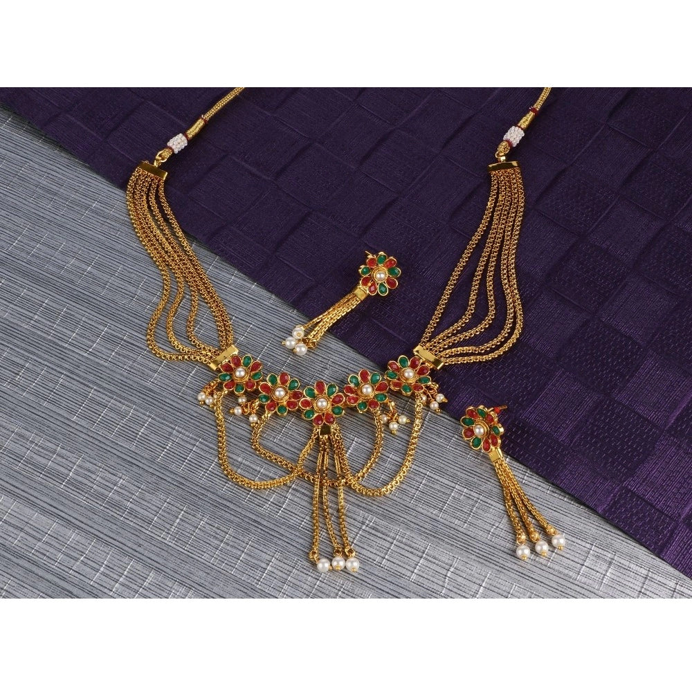 Women's Rose Gold Plated Alloy Necklace Set (Green &amp; Red)