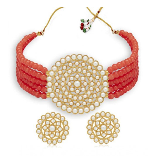 Women's Rose Gold Plated Alloy Necklace &amp; Earings Set (Red)