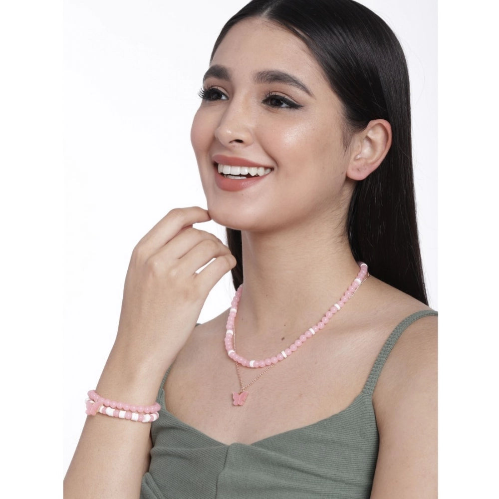 Women's Rose Gold Plated Brass Pendant Chain With Beaded Bracelet (Pink)