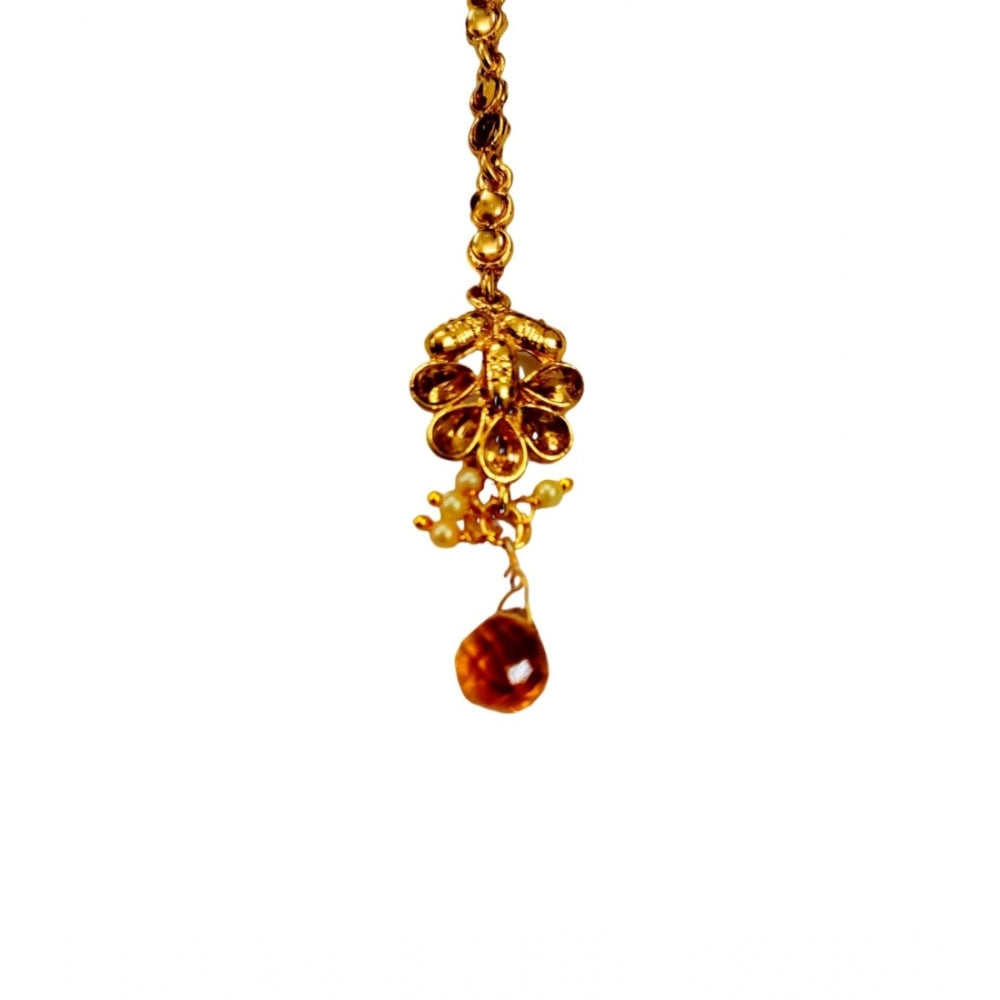 Generic Women's Rose Gold Plated Alloy Necklace Earrings With Maangtika Set (Gold)