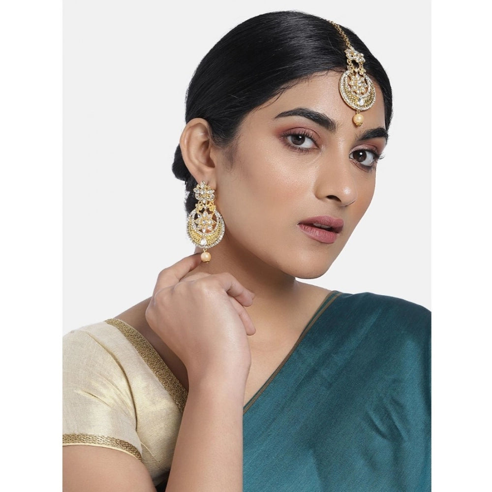 Women's Rose Gold Plated Alloy Kundan Earrings &amp; Mangtikka (White)