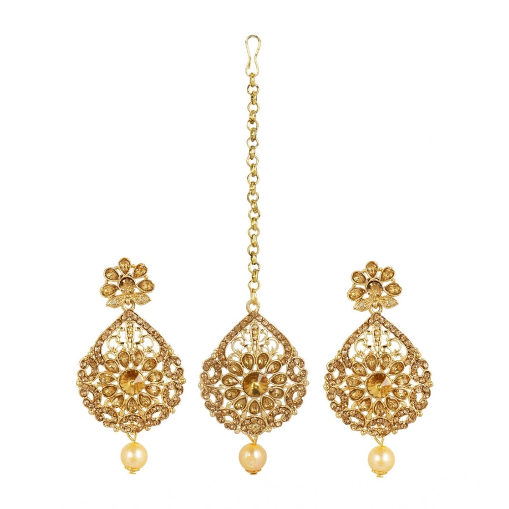 Women's Rose Gold Plated Alloy Kundan Earrings &amp; Mangtikka (Gold)