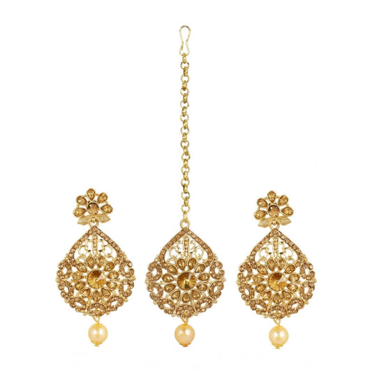Women's Rose Gold Plated Alloy Kundan Earrings &amp; Mangtikka (Gold)