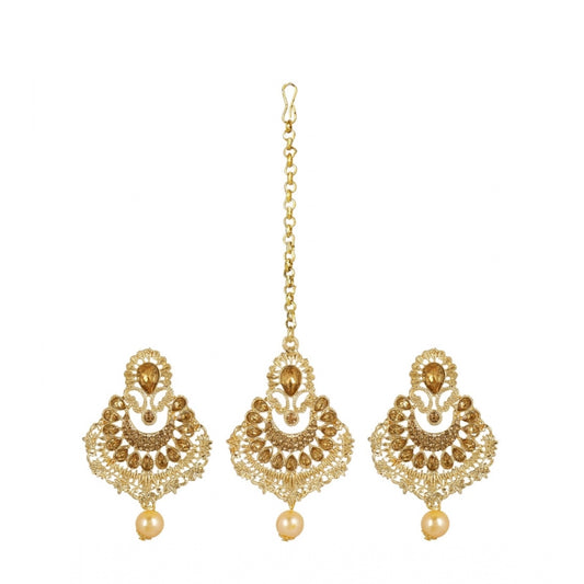 Women's Rose Gold Plated Alloy Kundan Earrings &amp; Mangtikka (Gold)