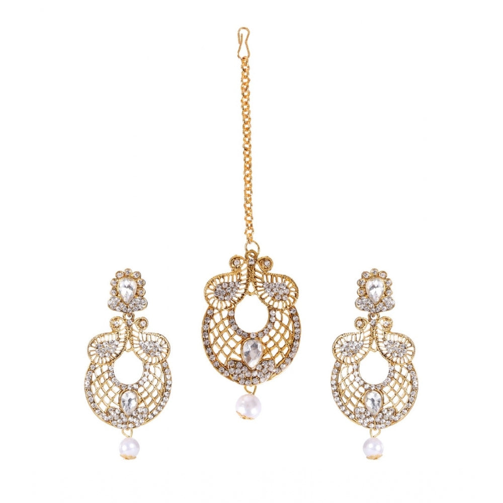 Generic Women's Rose Gold Plated Alloy Kundan Earrings &amp; Mangtikka (White)