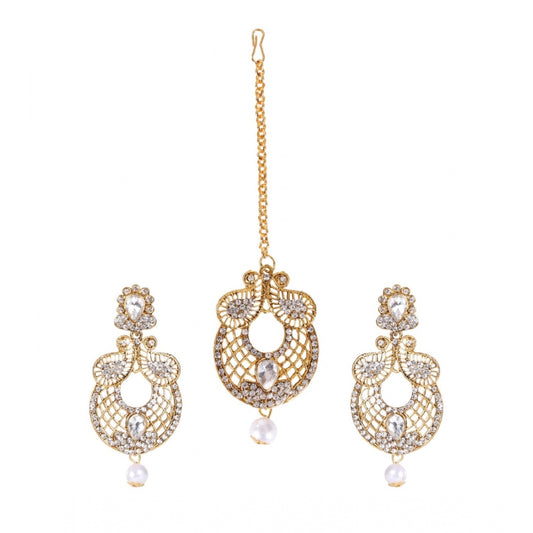 Women's Rose Gold Plated Alloy Kundan Earrings &amp; Mangtikka (White)