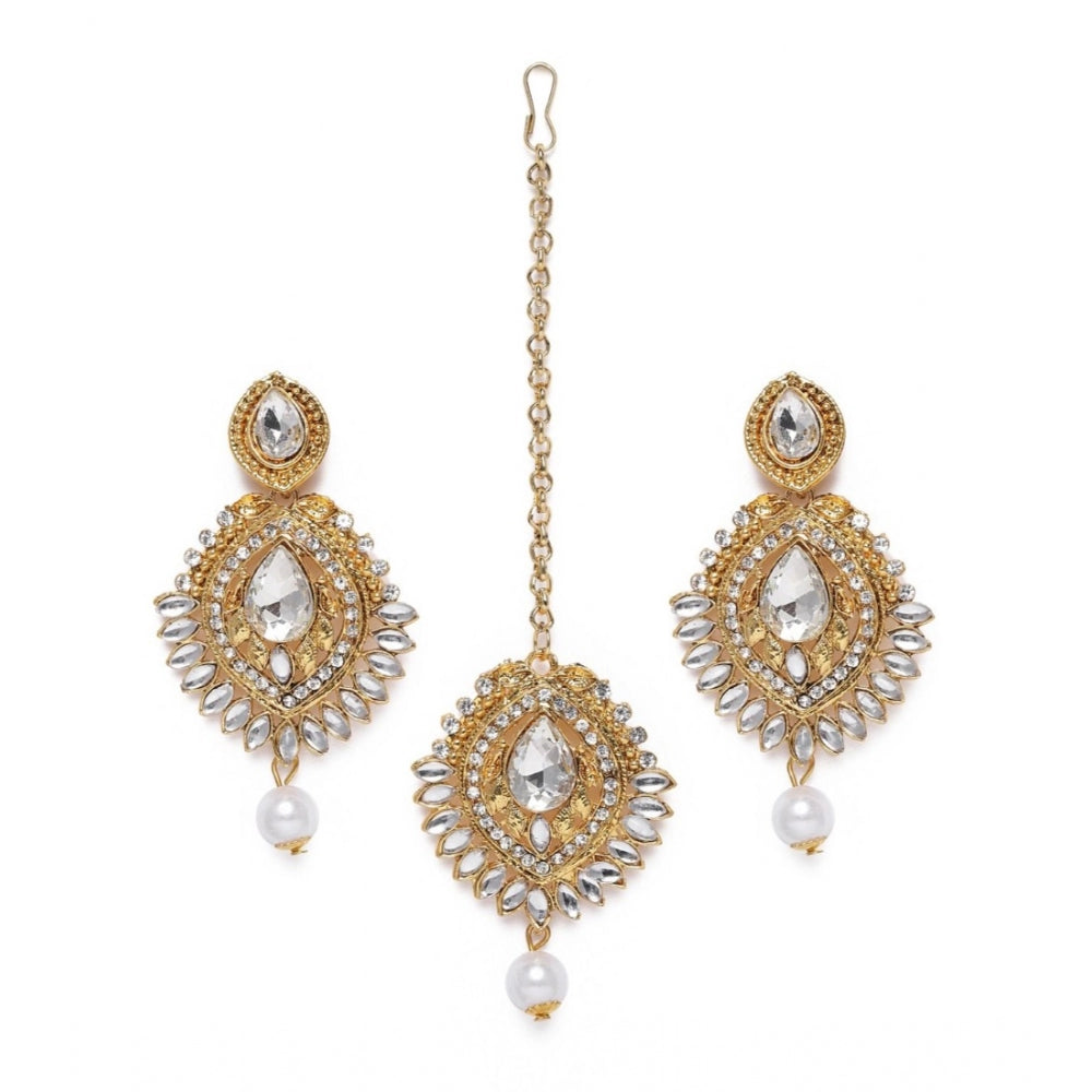Generic Women's Rose Gold Plated Alloy Kundan Earrings &amp; Mangtikka (White)
