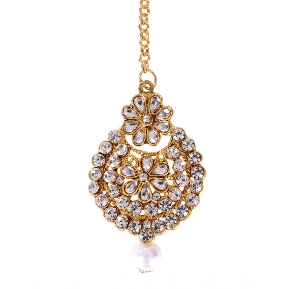 Women's Rose Gold Plated Alloy Kundan Earrings &amp; Mangtikka (White)