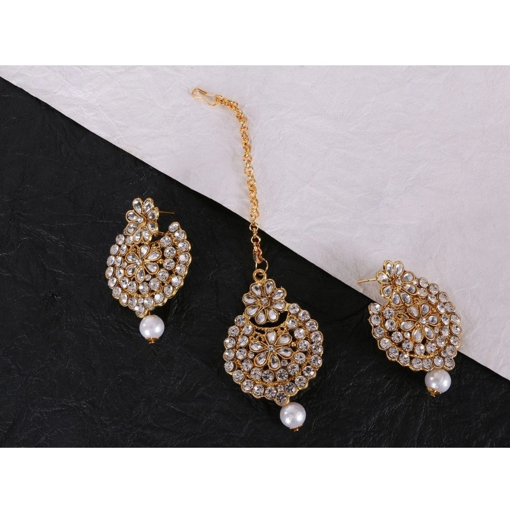 Women's Rose Gold Plated Alloy Kundan Earrings &amp; Mangtikka (White)