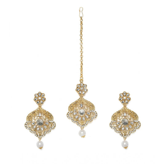 Women's Rose Gold Plated Alloy Kundan Earrings &amp; Mangtikka (White)