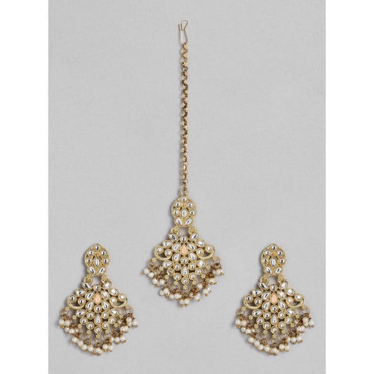 Women's Rose Gold Plated Alloy Kundan Earrings &amp; Mangtikka (White)