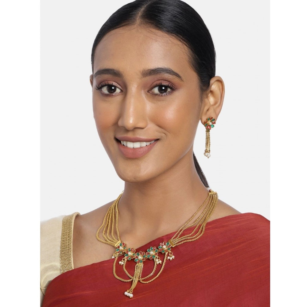 Women's Rose Gold Plated Alloy Necklace Set (Green &amp; Red)