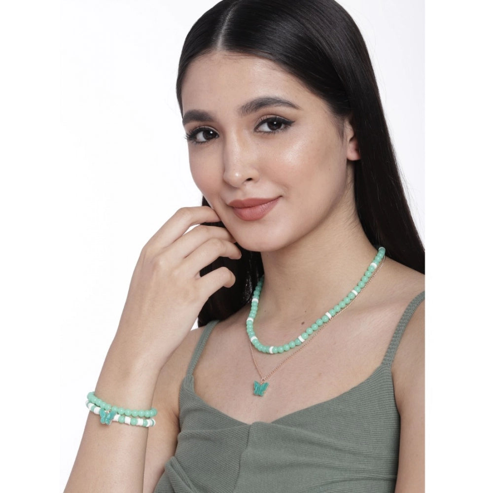 Generic Women's Rose Gold Plated Brass Pendant Chain With Beaded Bracelet (Light Green)